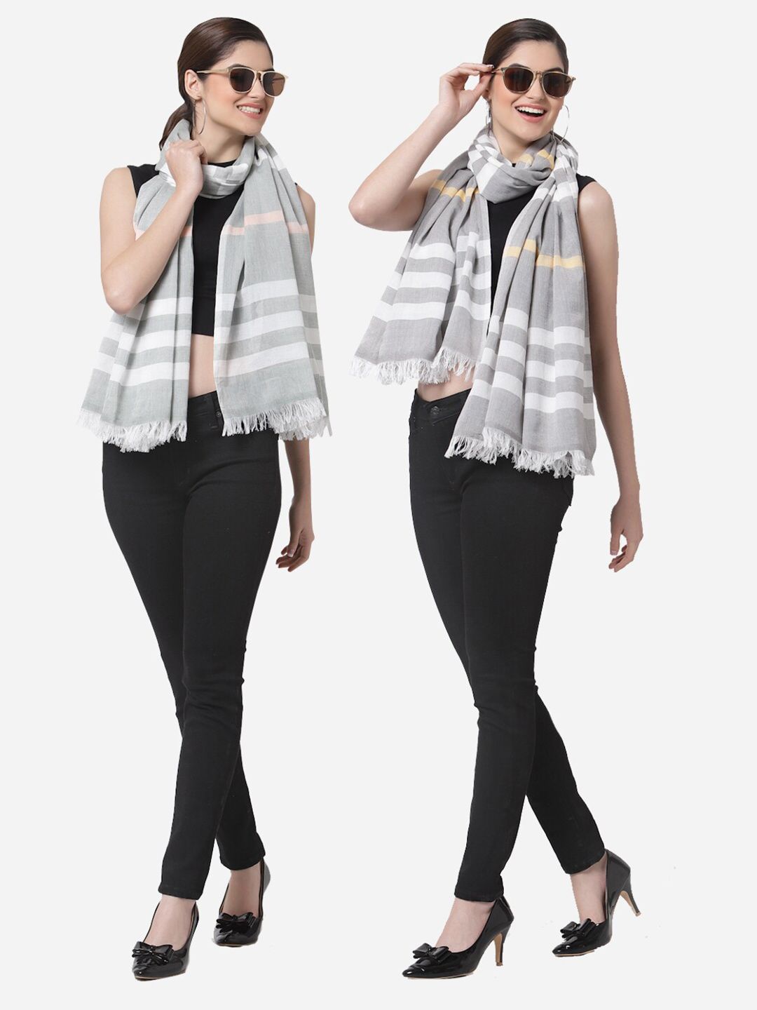 Arrabi Women Set Of 2 Grey Striped Cotton Stoles Price in India