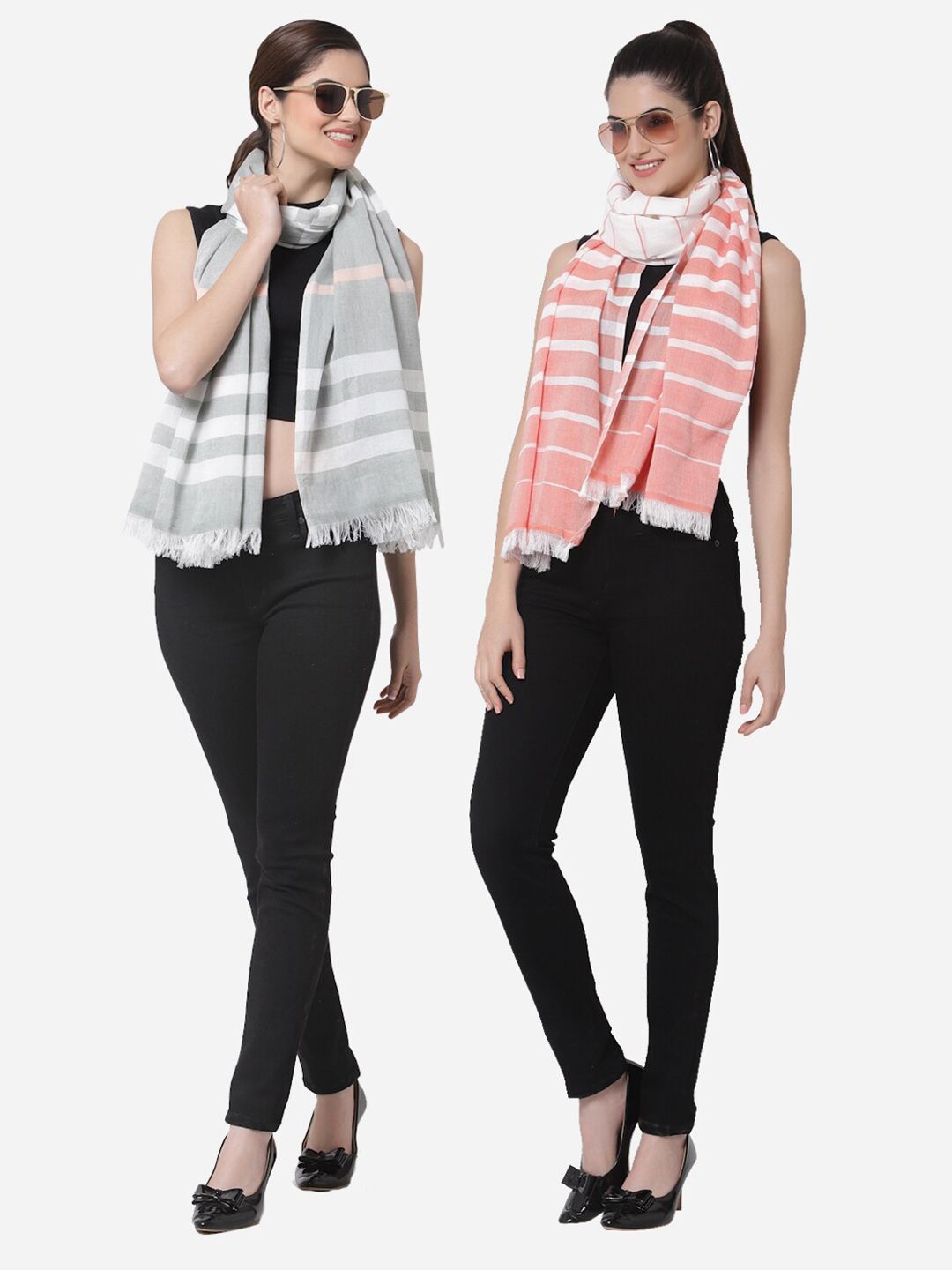 Arrabi Women Pack Of 2 Pink & White Striped Stole Price in India