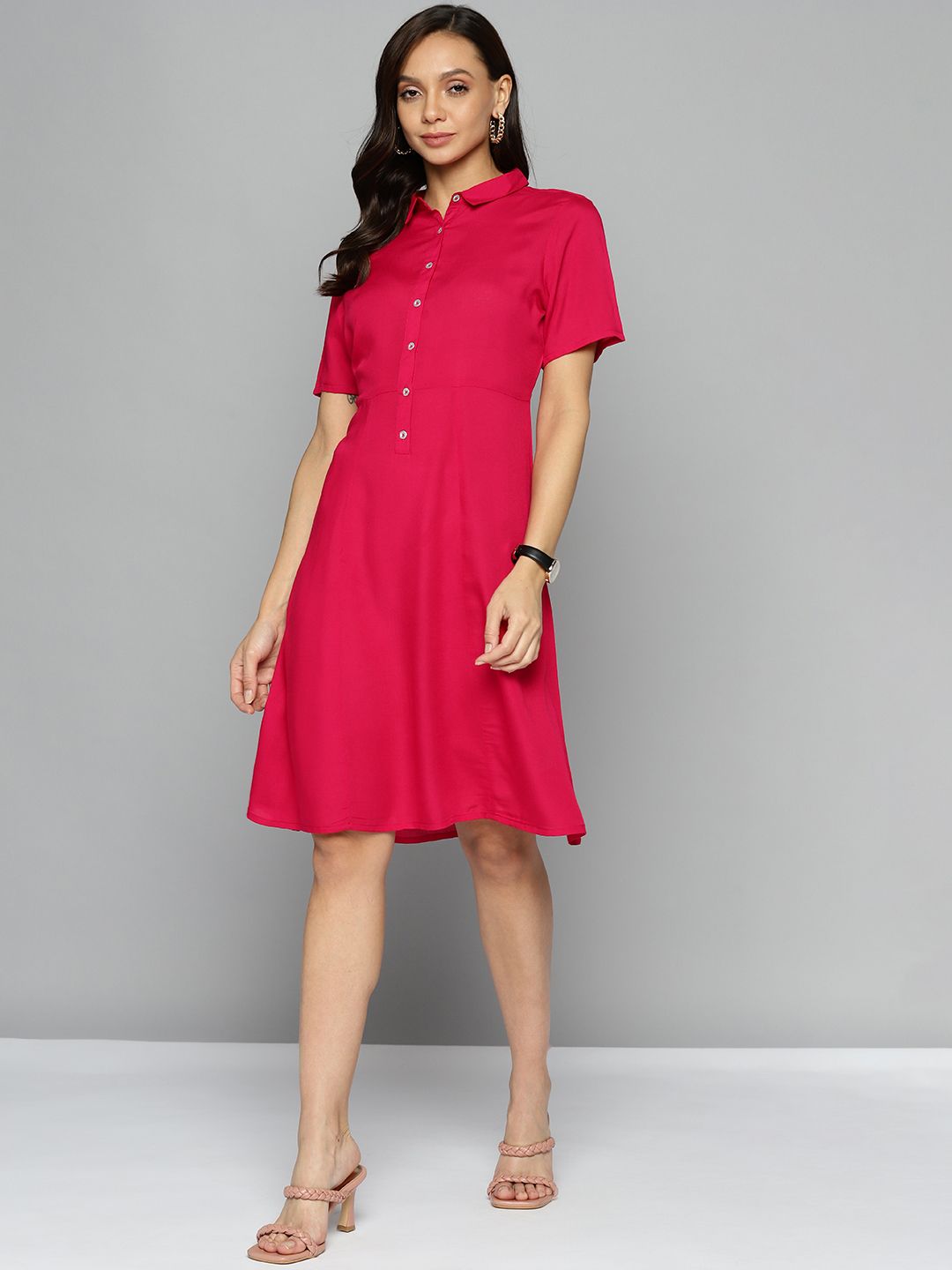 Chemistry Pink Solid Shirt Dress with Pocket Price in India