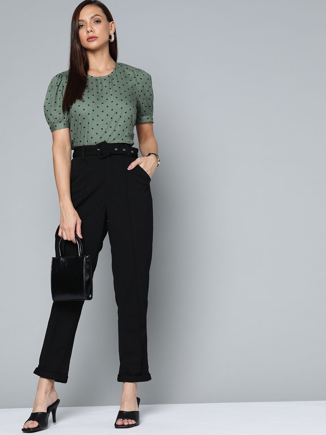 Chemistry Olive Green & Green Polka Dot Print Top Price in India