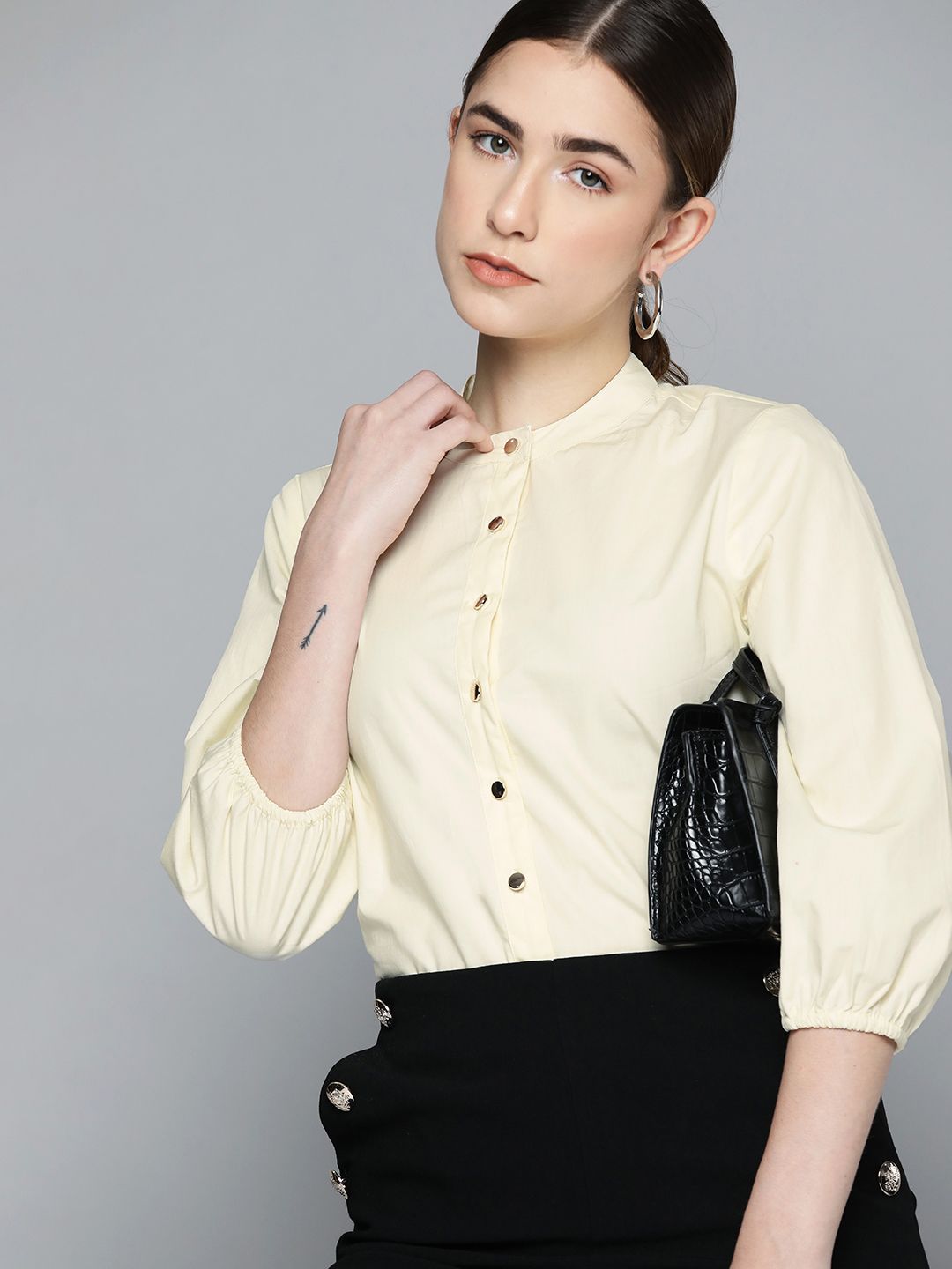 Chemistry Women Cream-Coloured Pure Cotton Solid Puff Sleeves Formal Shirt Price in India