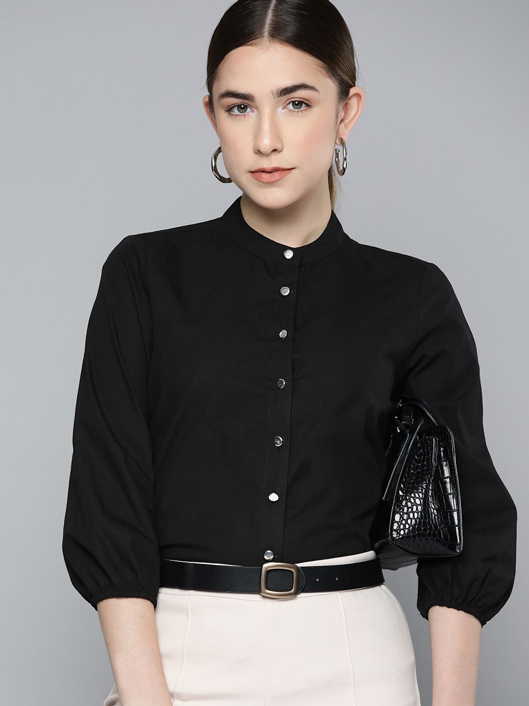 Chemistry Women Black Pure Cotton Solid Puff Sleeves Formal Shirt Price in India