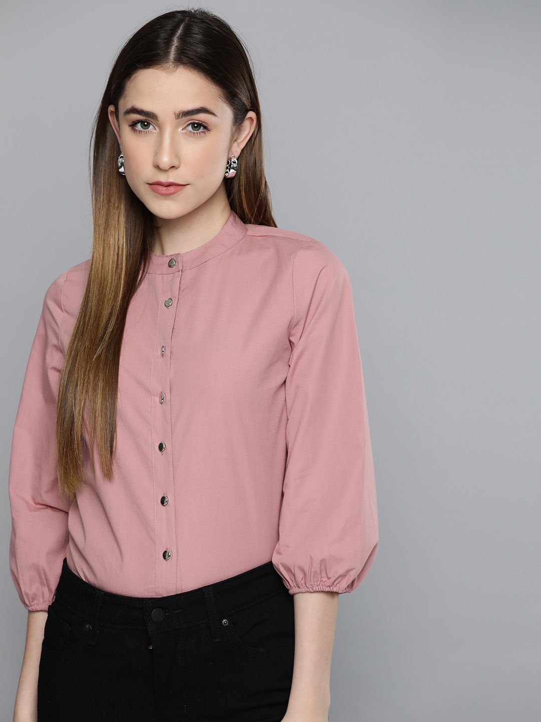 Chemistry Women Dusty Pink Pure Cotton Solid Formal Shirt Price in India