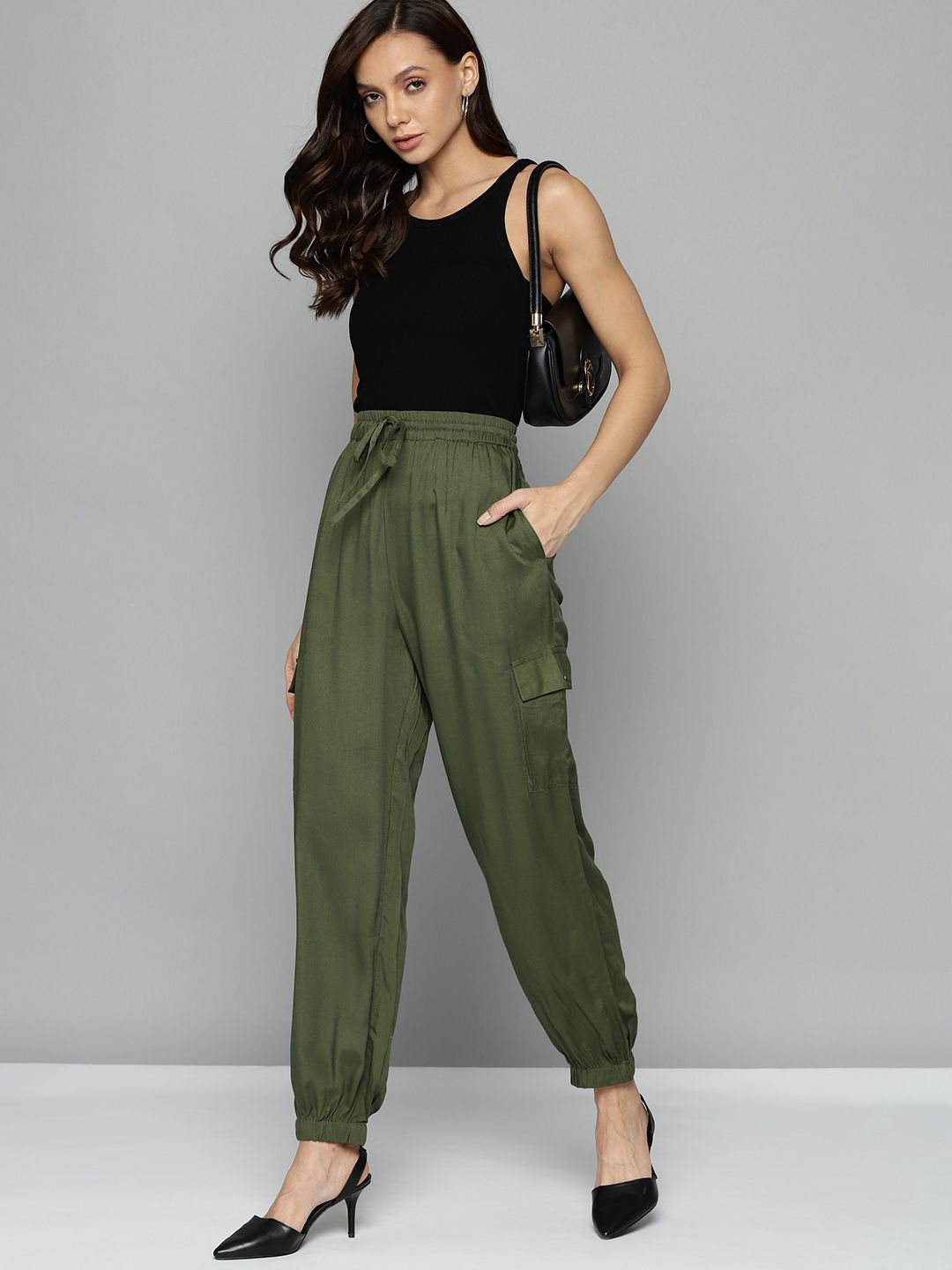 Chemistry Women Olive Green Solid High-Rise Pleated Cargos Trousers Price in India