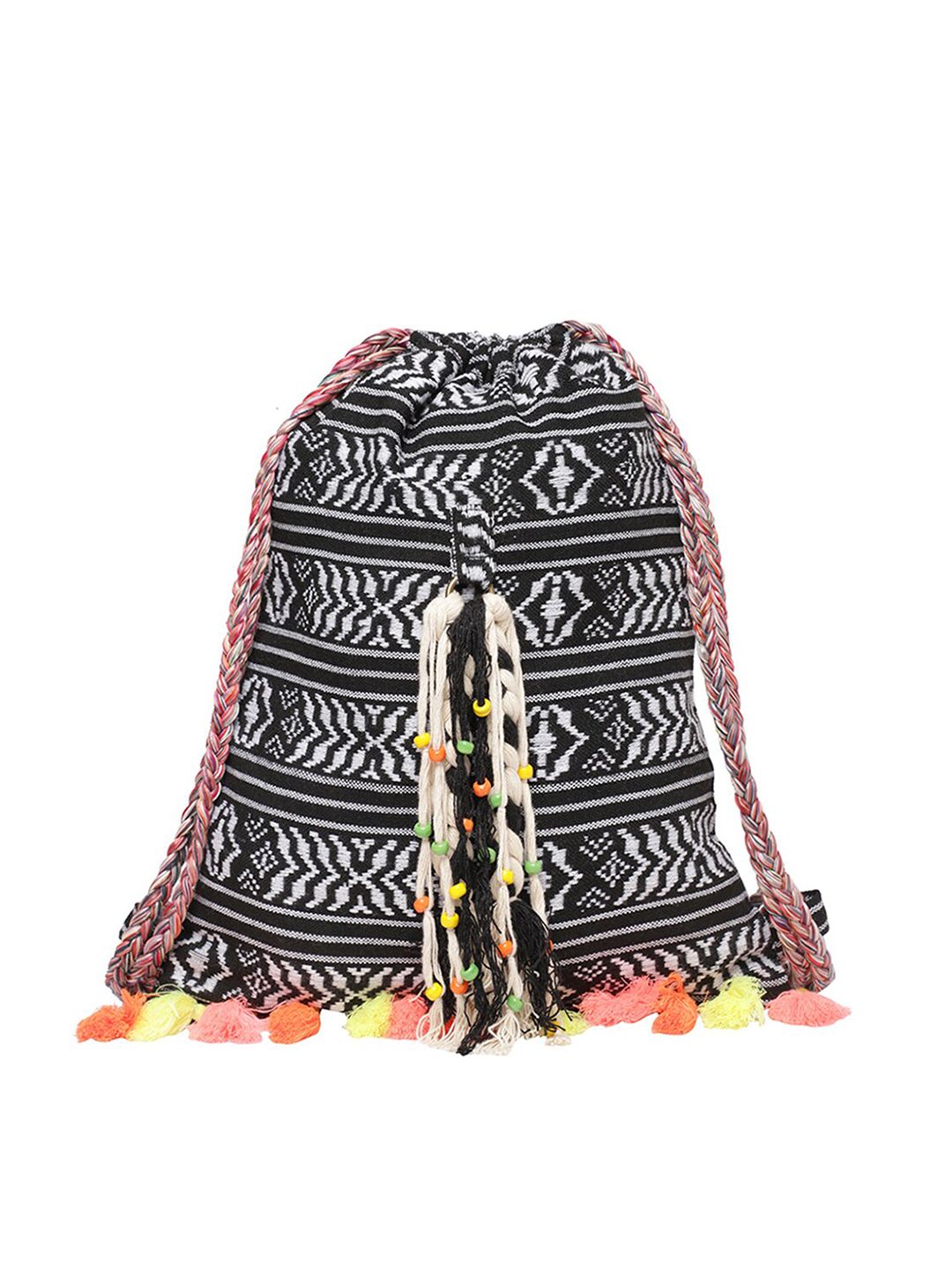 The House of Tara Women Black & Green Tasselled Backpack Price in India