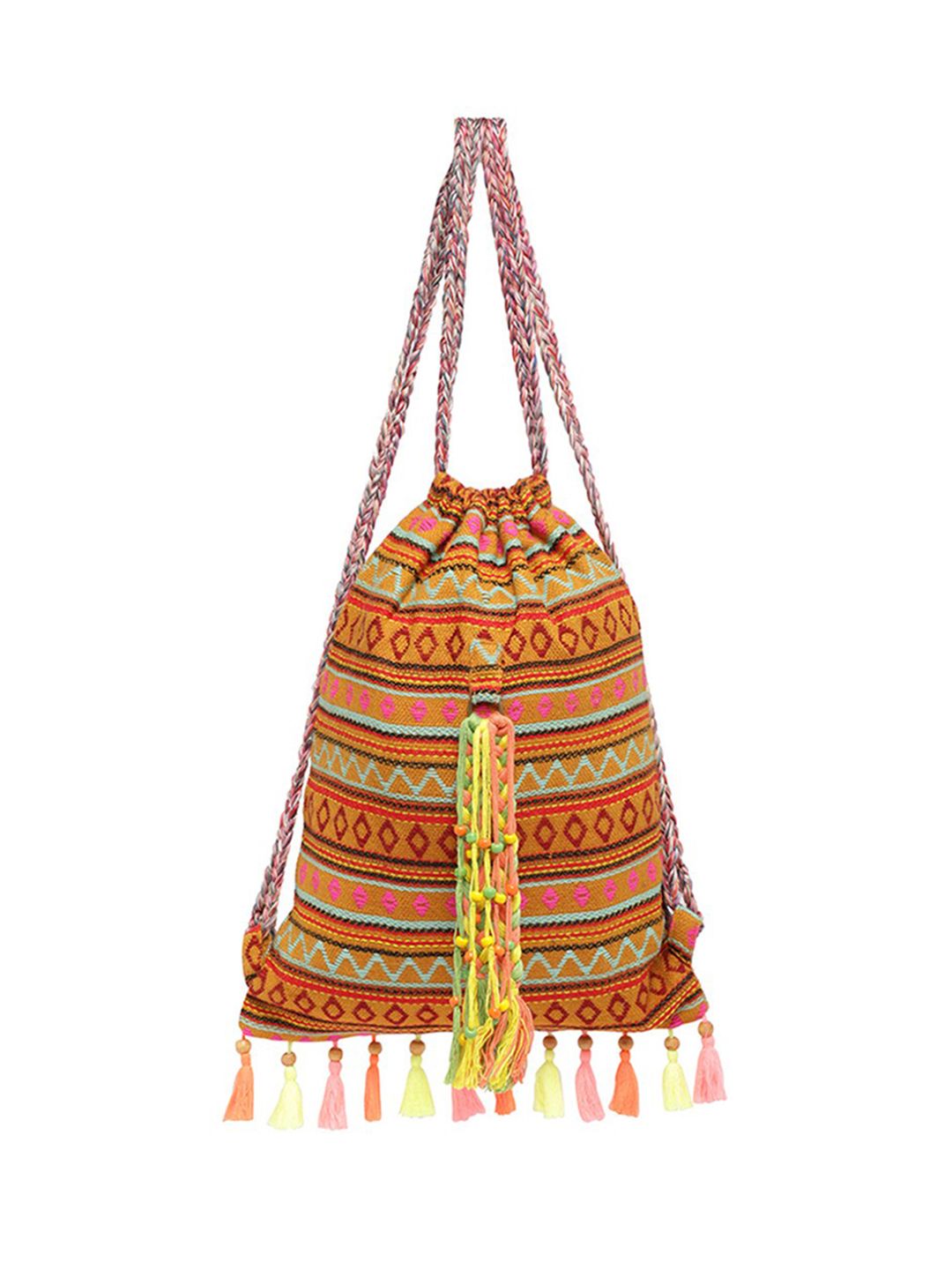 The House of Tara Women Multi Color Handloom Tasselled Backpack Price in India