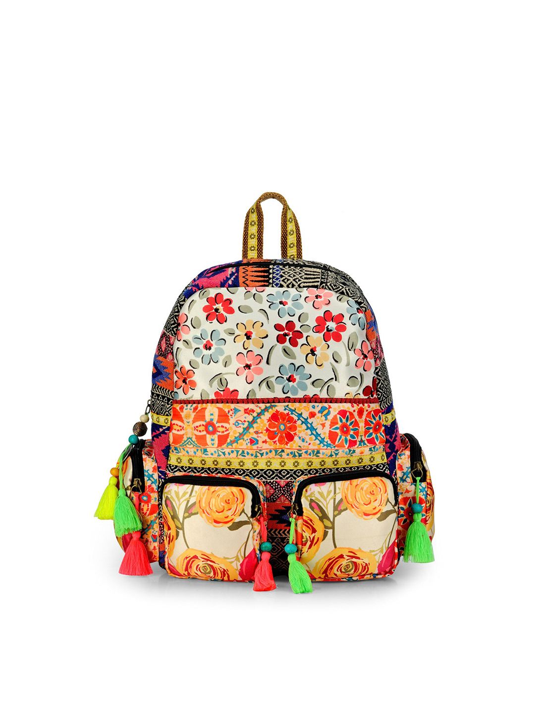 The House of Tara Women White & Orange Tasselled Backpack Price in India