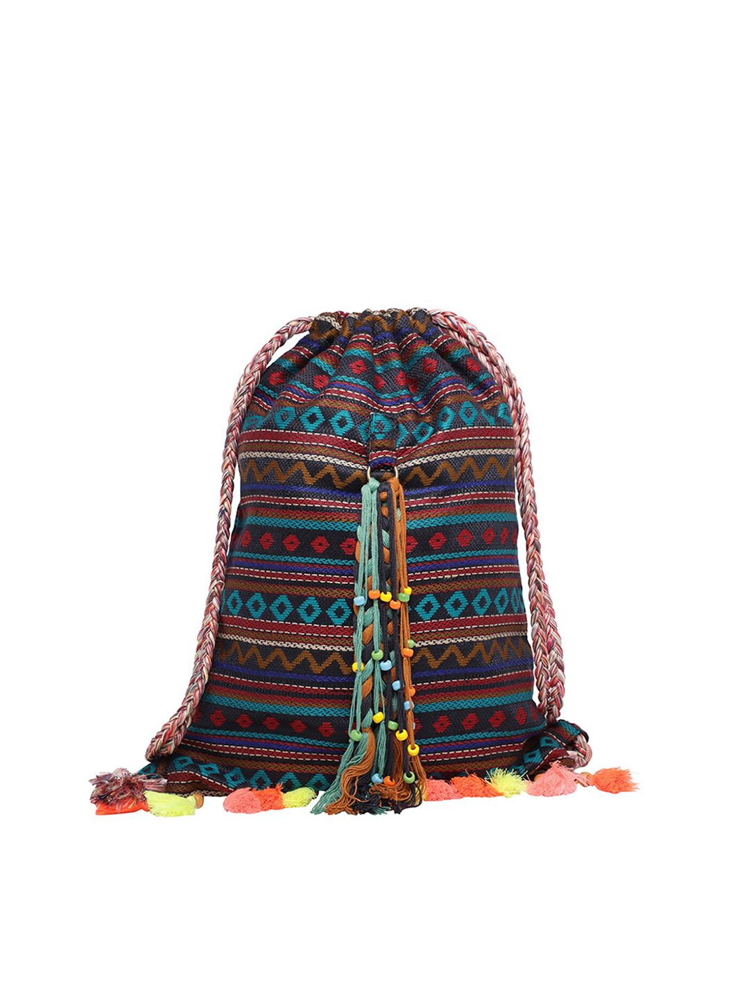 The House of Tara Women Black & Blue Tasselled Backpack Price in India