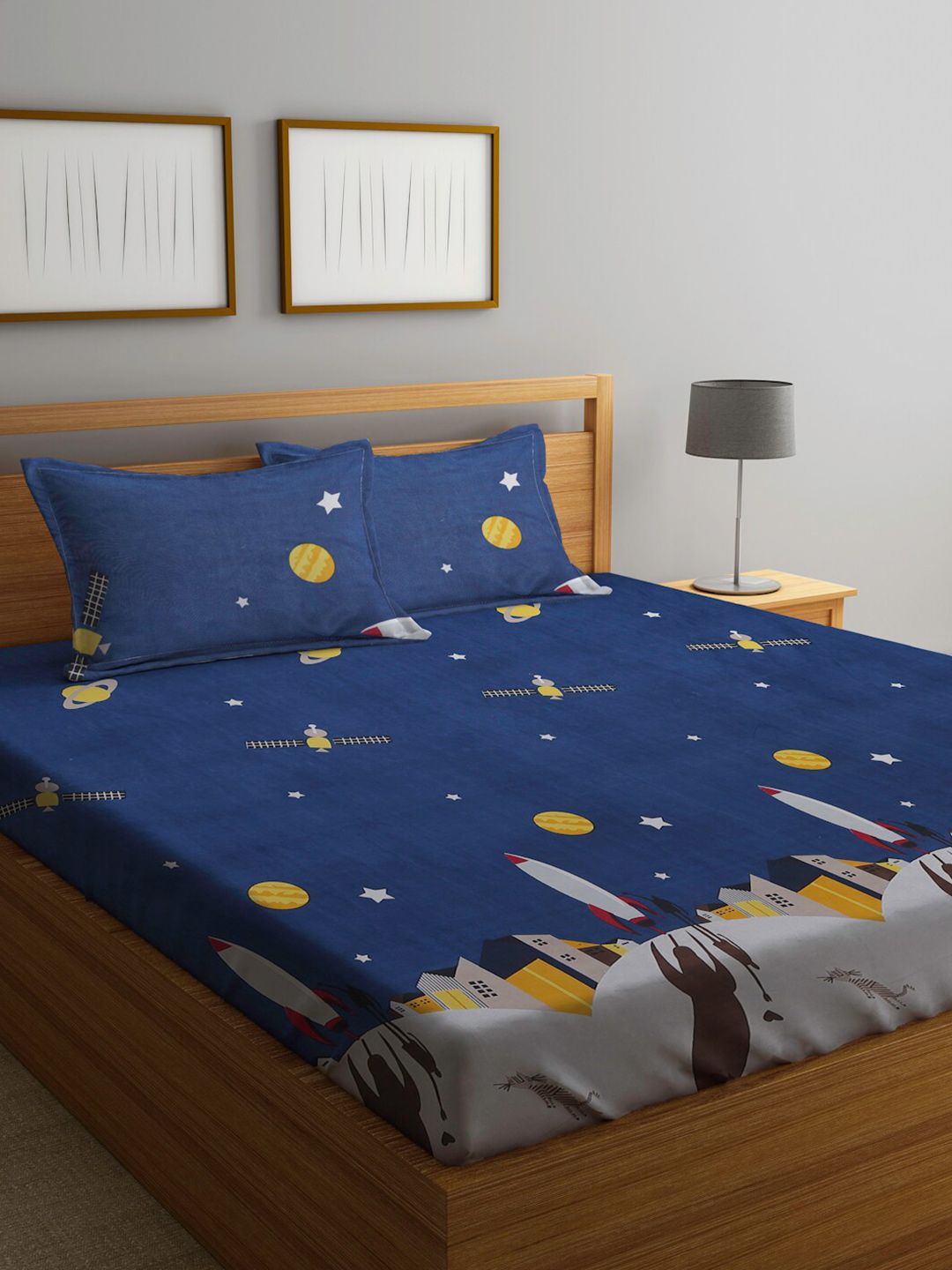 Home Sizzler Blue & Yellow Cartoon Characters 144 TC Queen Bedsheet with 2 Pillow Covers Price in India