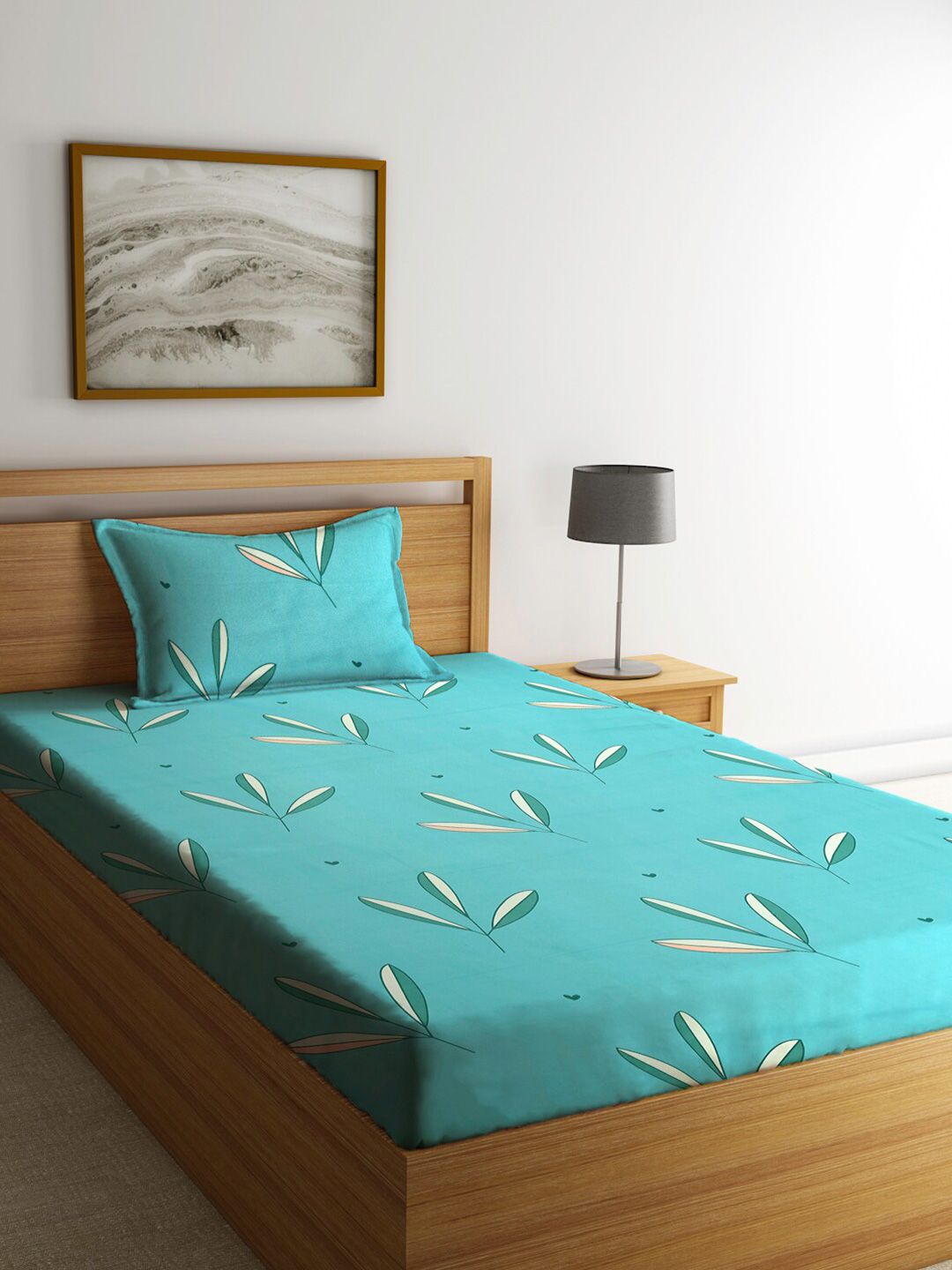 Home Sizzler Turquoise Blue & White Floral 144 TC Single Bedsheet with 1 Pillow Covers Price in India