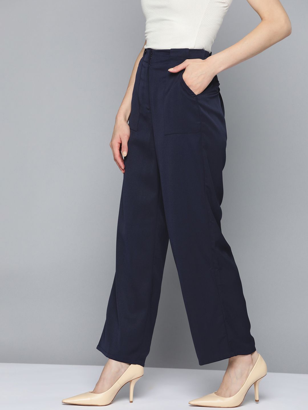 Chemistry Women Navy Blue Solid Trousers Price in India