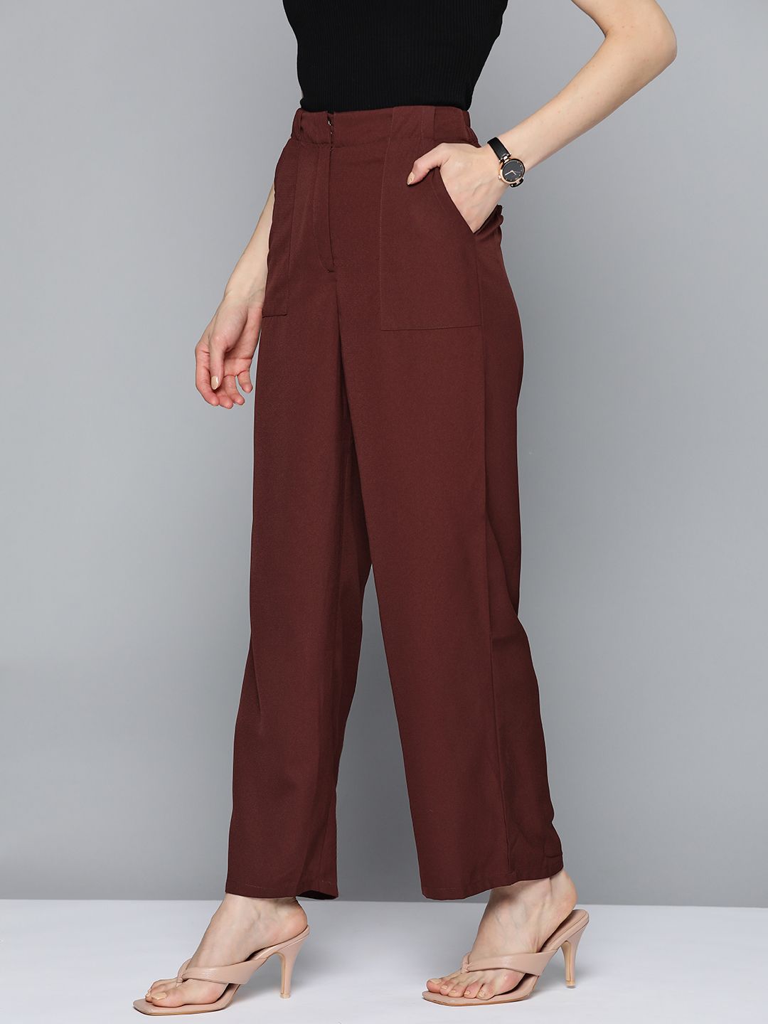 Chemistry Women Brown Solid Trousers Price in India