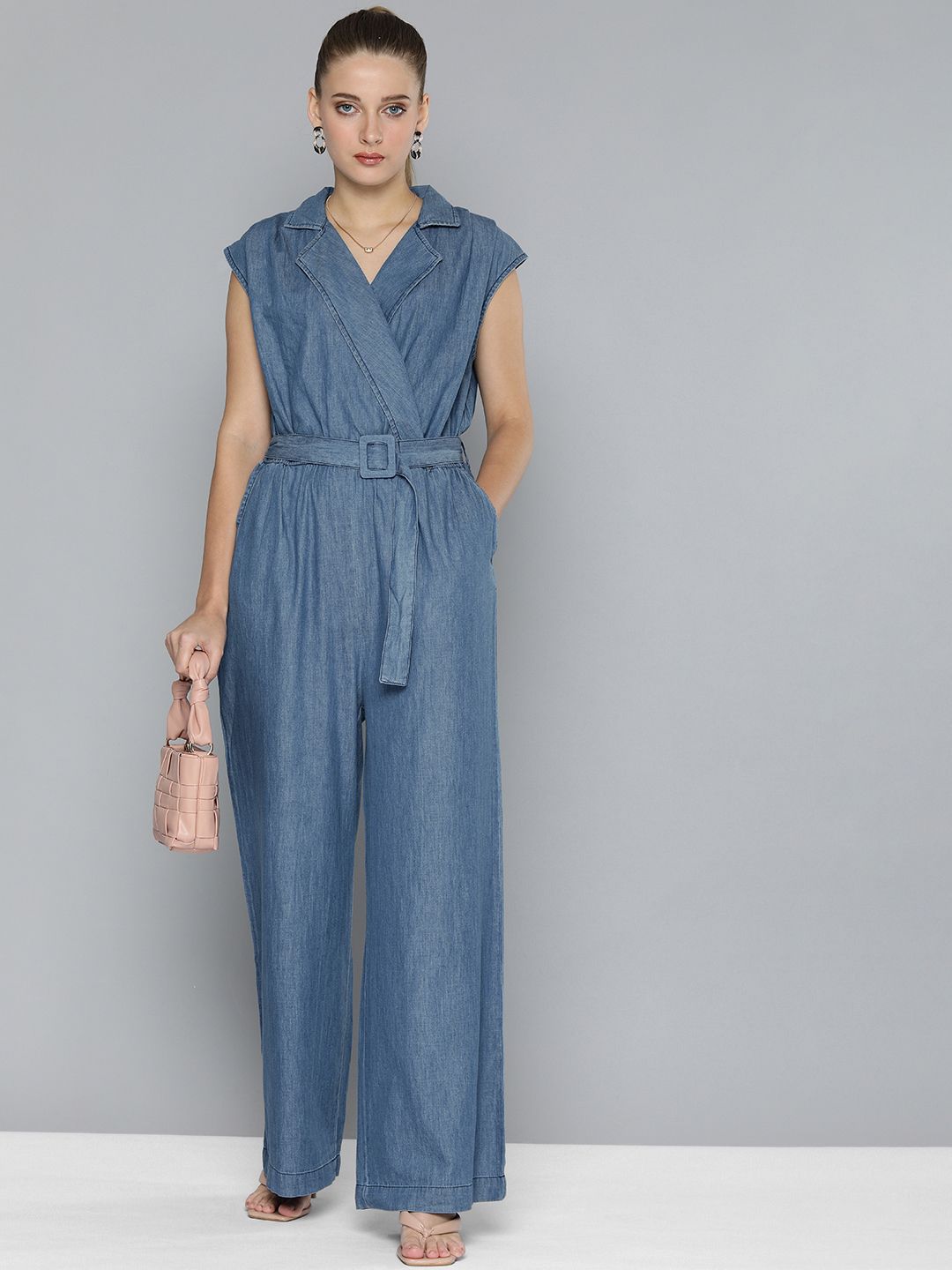 Chemistry Women Blue Solid Shirt-Collar Sleeveless Basic Jumpsuit With A Belt Price in India