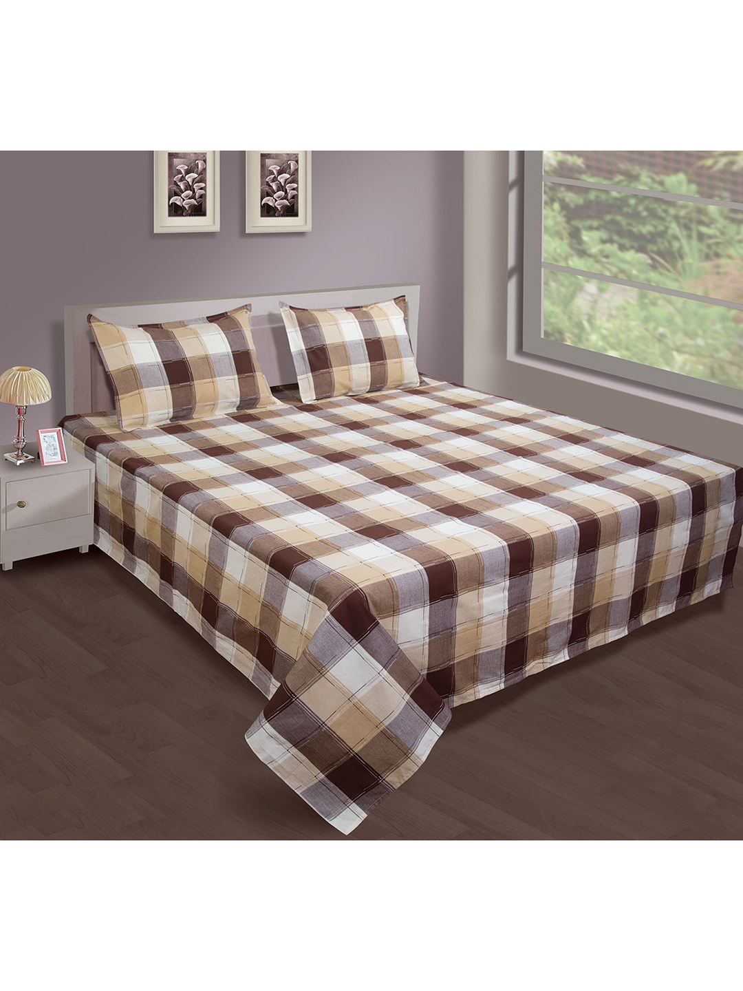 SHADES of LIFE Brown Checked Cotton Double Bed-Sheet Price in India
