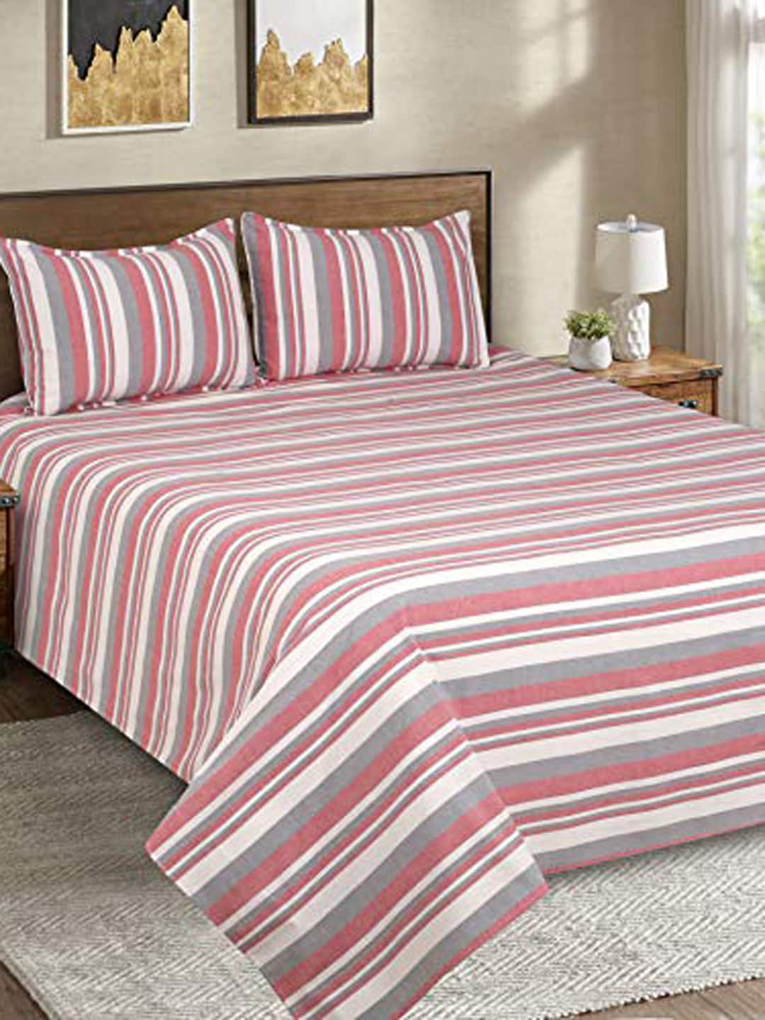 SHADES of LIFE Red Striped Cotton Double Bed Cover with 2 Pillow Covers Price in India