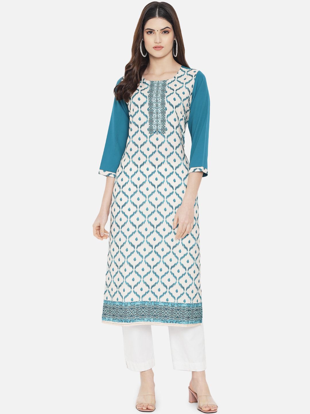 KALINI Women Cream-Coloured & Teal Ethnic Motifs Printed Crepe Kurta Price in India