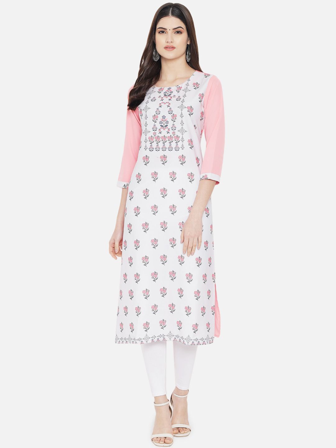 KALINI Women Off White & Pink Floral Printed Crepe Kurta Price in India