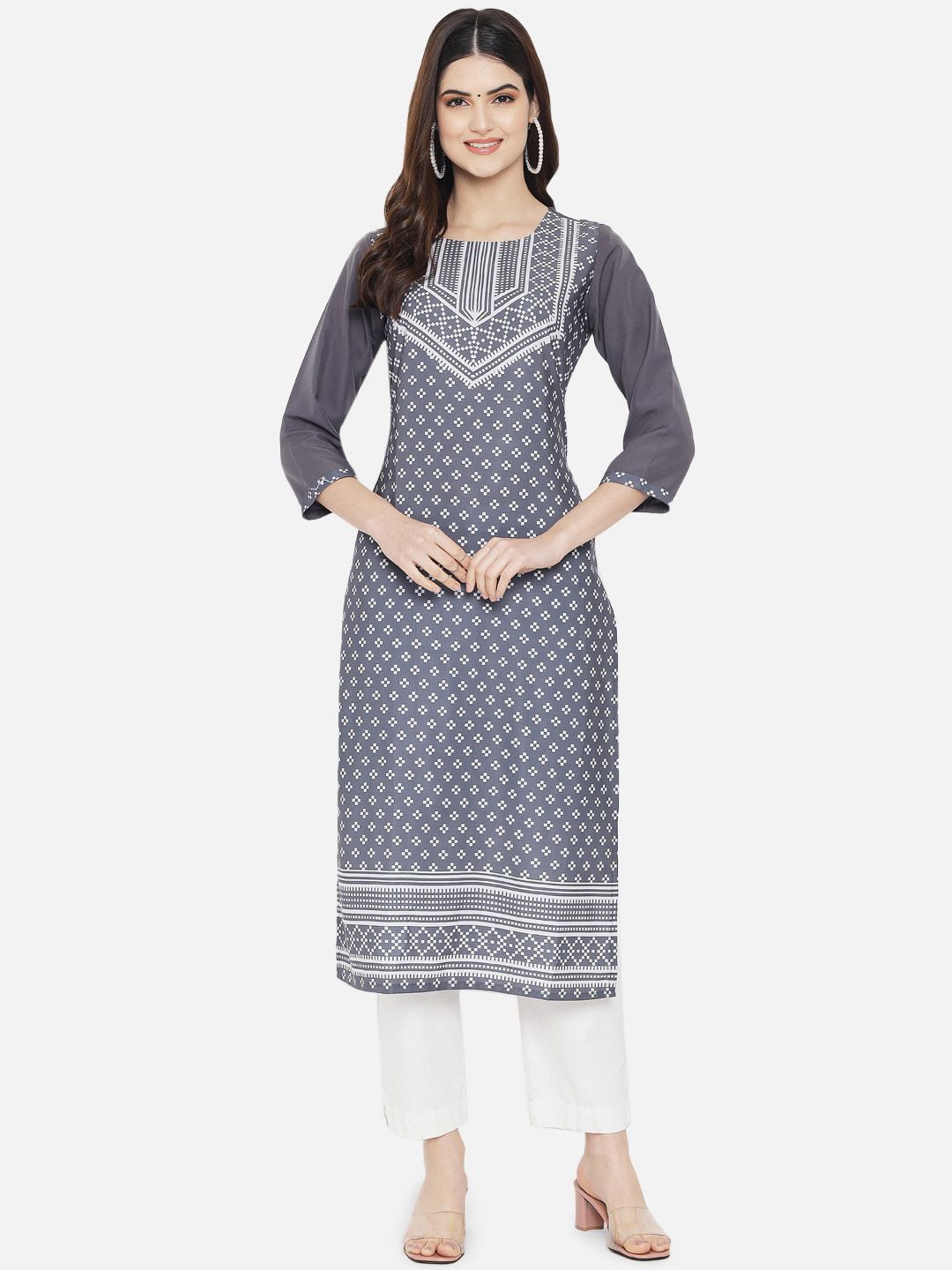 KALINI Women Grey & White Digital Printed Crepe Kurta Price in India