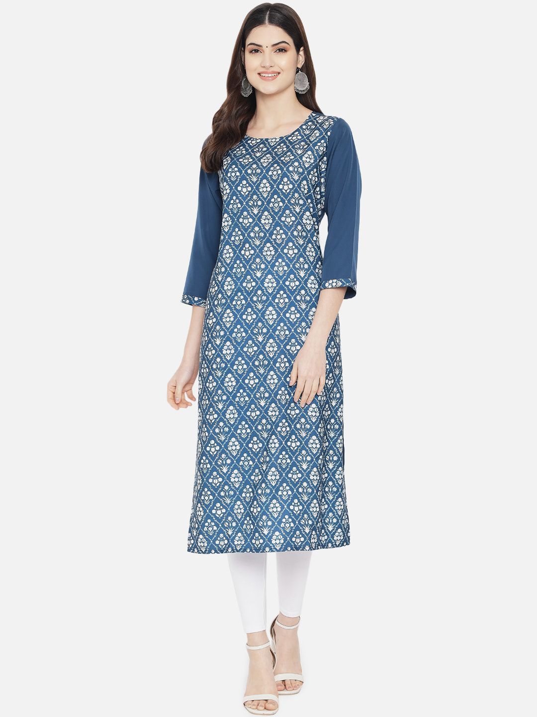 KALINI Women Blue & White Geometric Printed Crepe Kurta Price in India