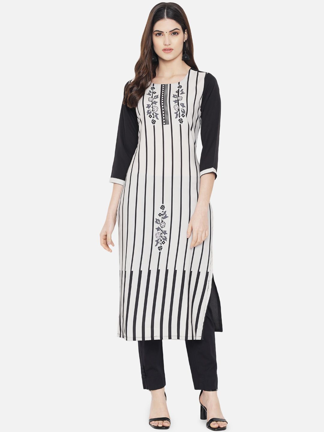 KALINI Women Off-White & Black Striped Straight Kurta Price in India