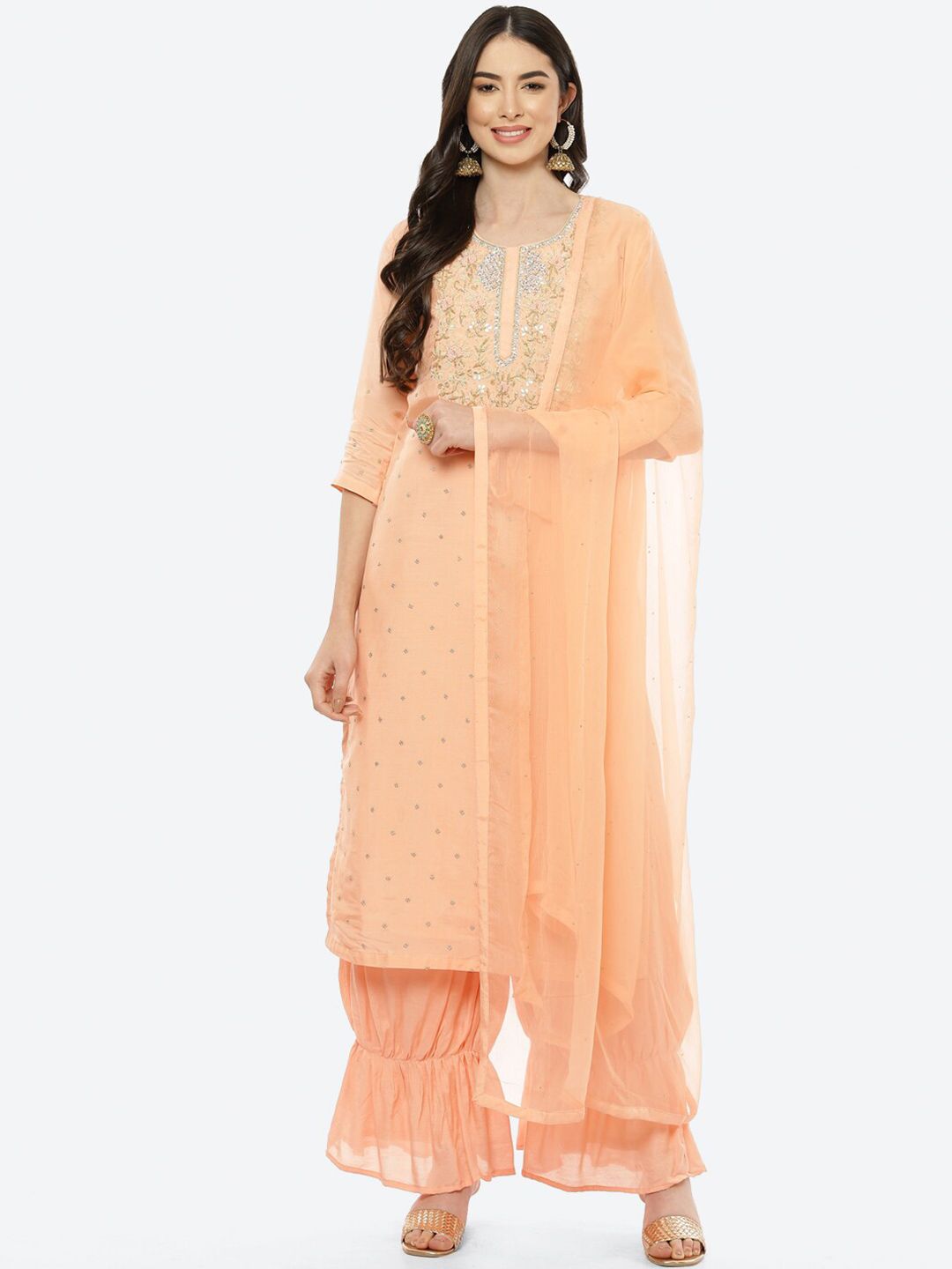 Biba Peach-Coloured Embroidered Art Silk Unstitched Dress Material Price in India