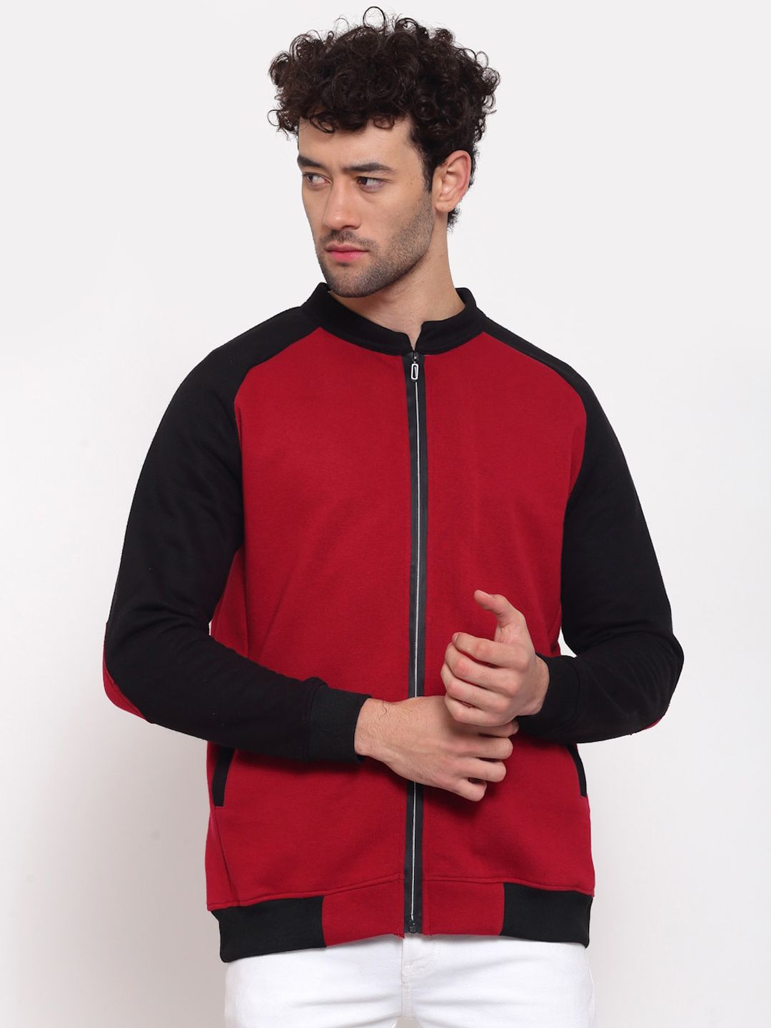 PAUSE SPORT Men Maroon Black Colourblocked Fleece Lightweight Antimicrobial Outdoor Bomber Jacket