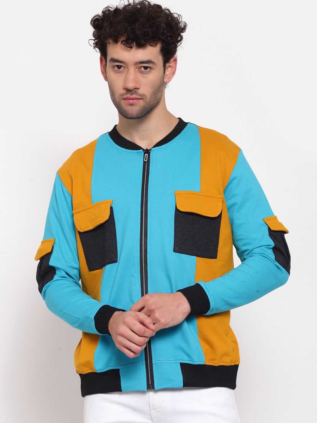 PAUSE SPORT Men Blue Mustard Colourblocked Fleece Lightweight Antimicrobial Outdoor Bomber with Patchwork Jacket