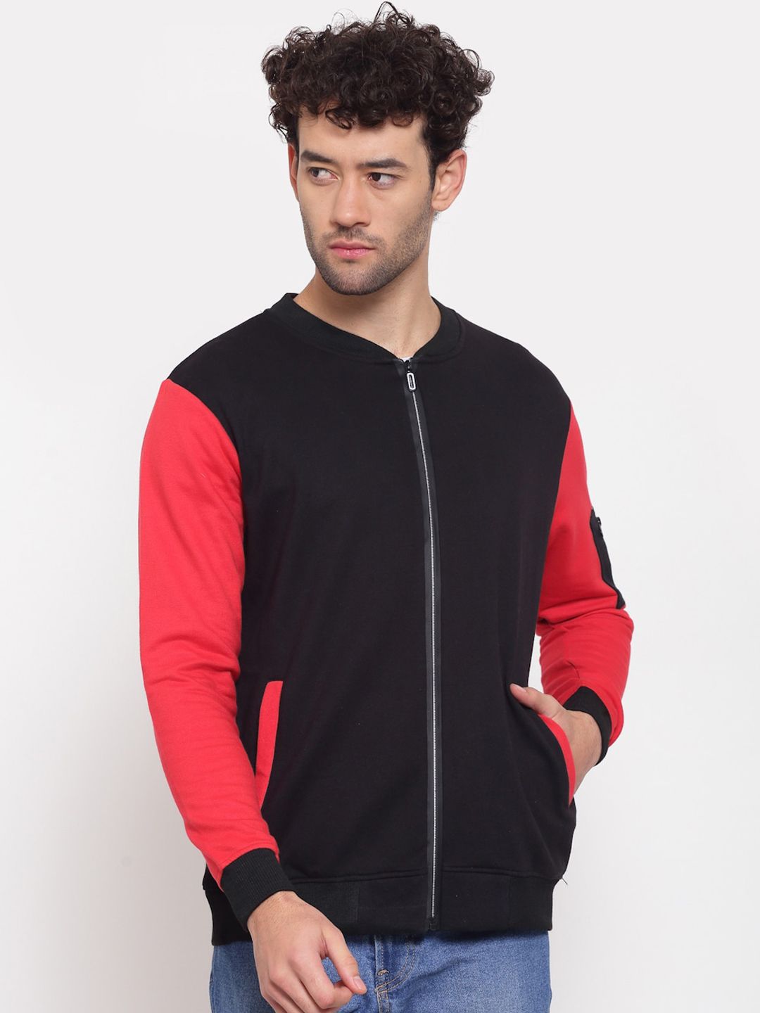 PAUSE SPORT Men Black Red Colourblocked Fleece Lightweight Antimicrobial Bomber Jacket