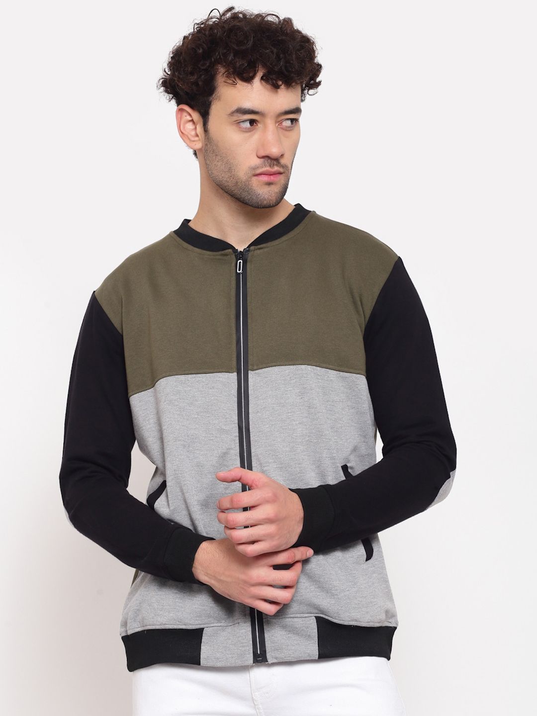 PAUSE SPORT Men Grey Olive Green Colourblocked Fleece Lightweight Antimicrobial Outdoor Bomber Jacket