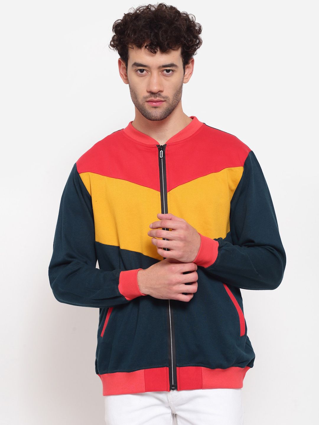 PAUSE SPORT Men Blue Pink Colourblocked Fleece Lightweight Antimicrobial Outdoor Bomber Jacket