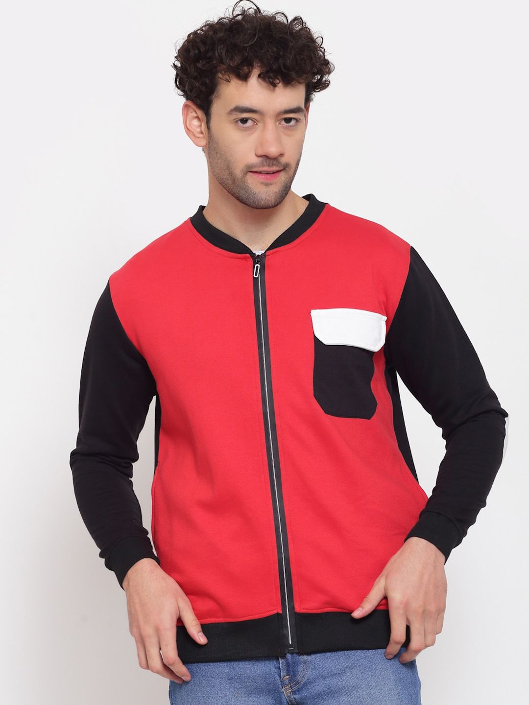 PAUSE SPORT Men Coral Black Colourblocked Fleece Lightweight Antimicrobial Bomber Jacket