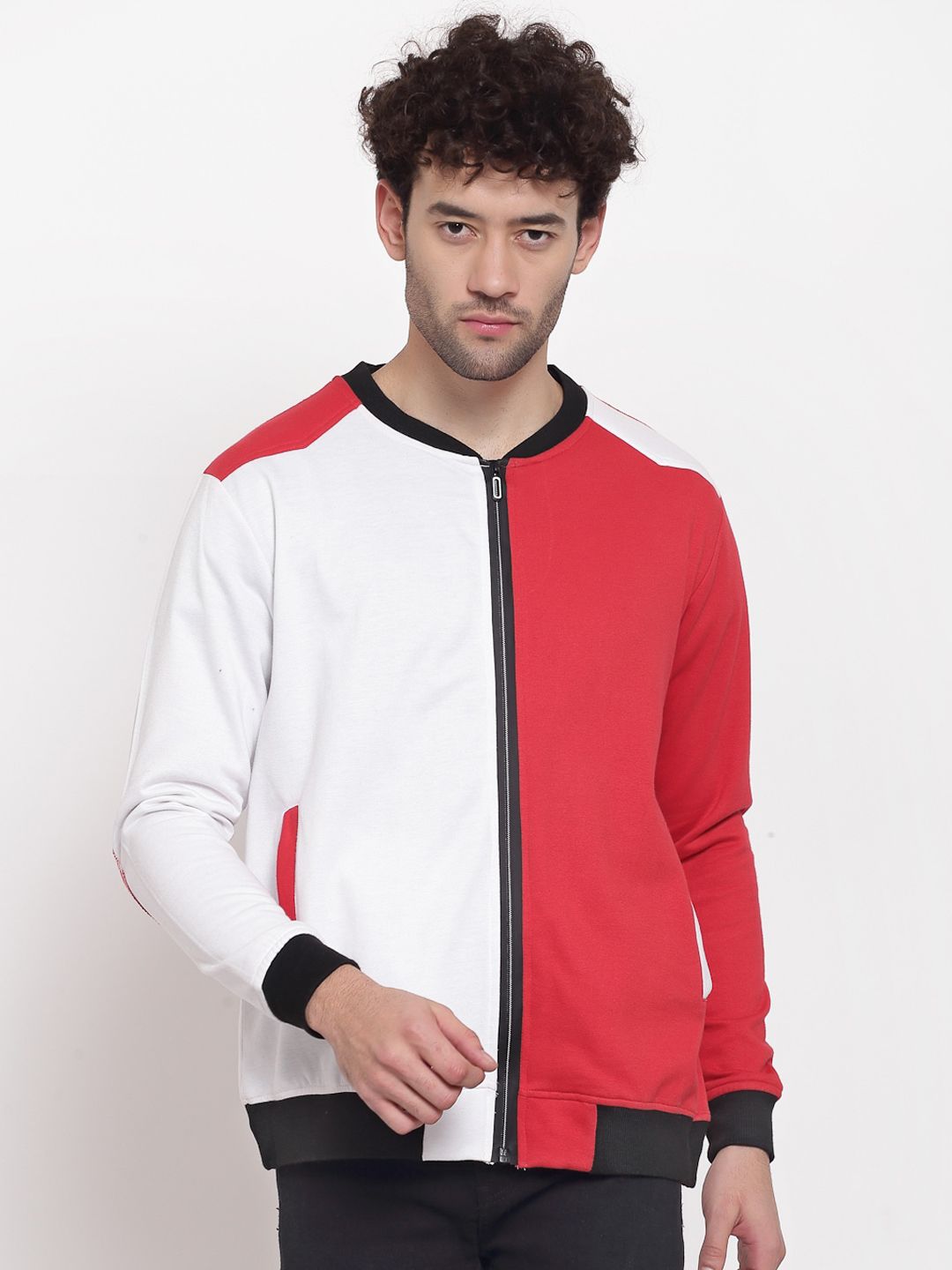 PAUSE SPORT Men Red & White Colourblocked Fleece Lightweight Antimicrobial Bomber Jacket