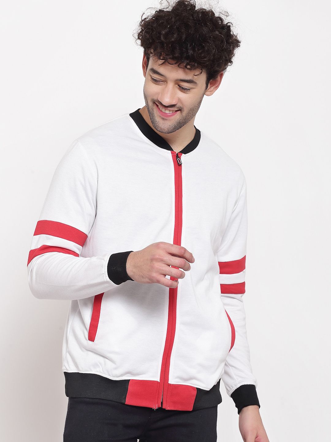 PAUSE SPORT Men White Red Colourblocked Fleece Lightweight Antimicrobial Outdoor Bomber Jacket