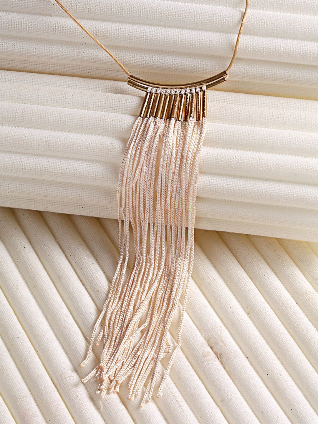 Wild & Free Gold-Toned & Cream-Coloured Gold-Plated Long Tassel Handcrafted Necklace Price in India