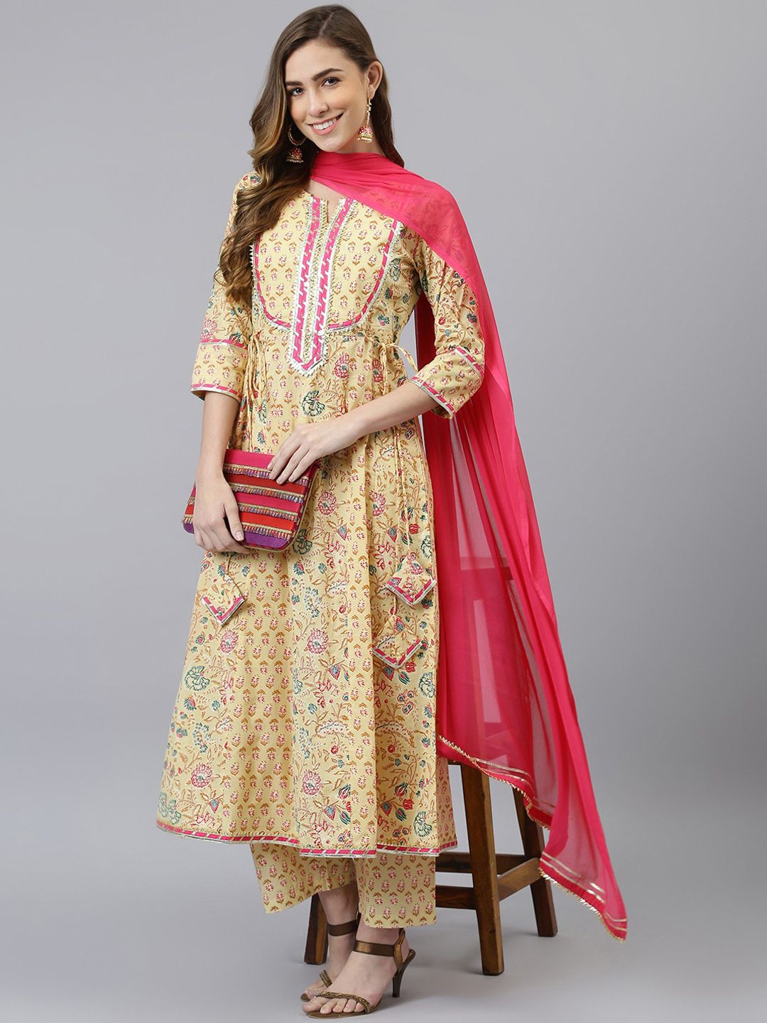 Khushal K Women Yellow Printed Gotta Patti Pure Cotton Kurta & Trousers With Dupatta Price in India