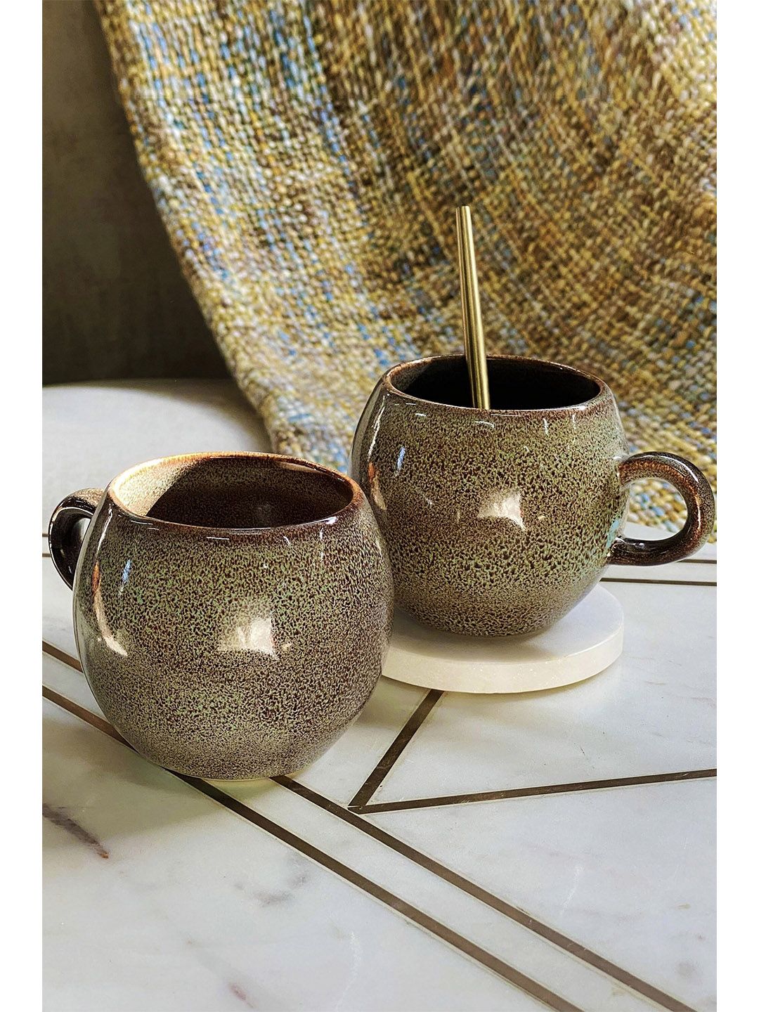 Folkstorys Set of 2 Brown Textured Ceramic Glossy Mugs Price in India