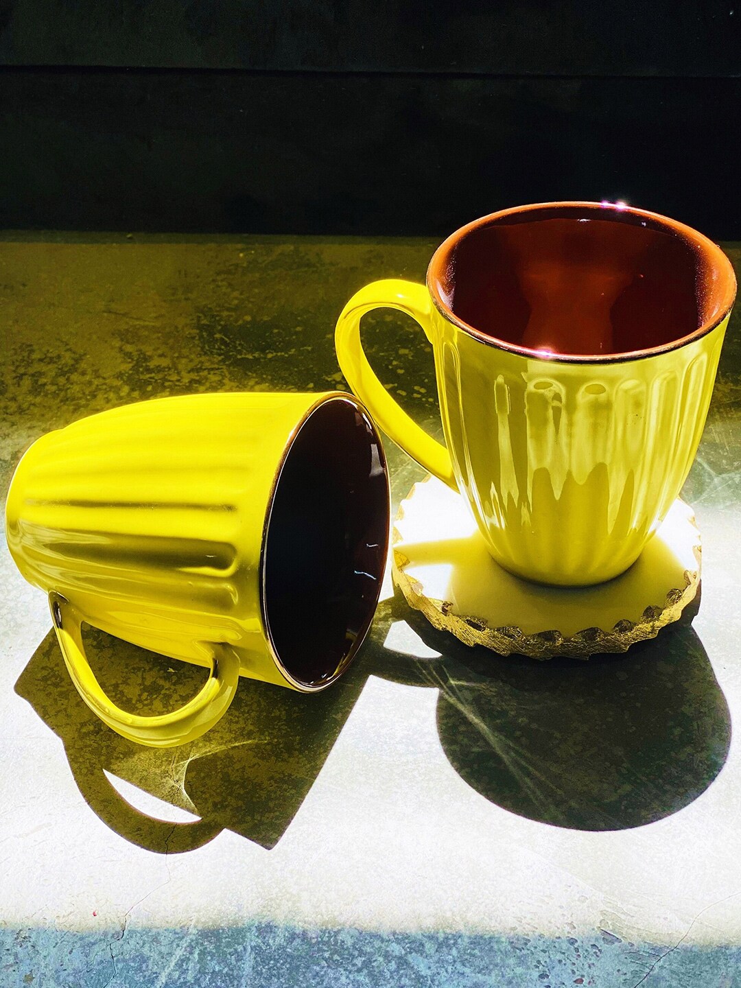 Folkstorys Yellow & Brown Textured Ceramic Glossy Cups Set of 2 Cups and Mugs Price in India