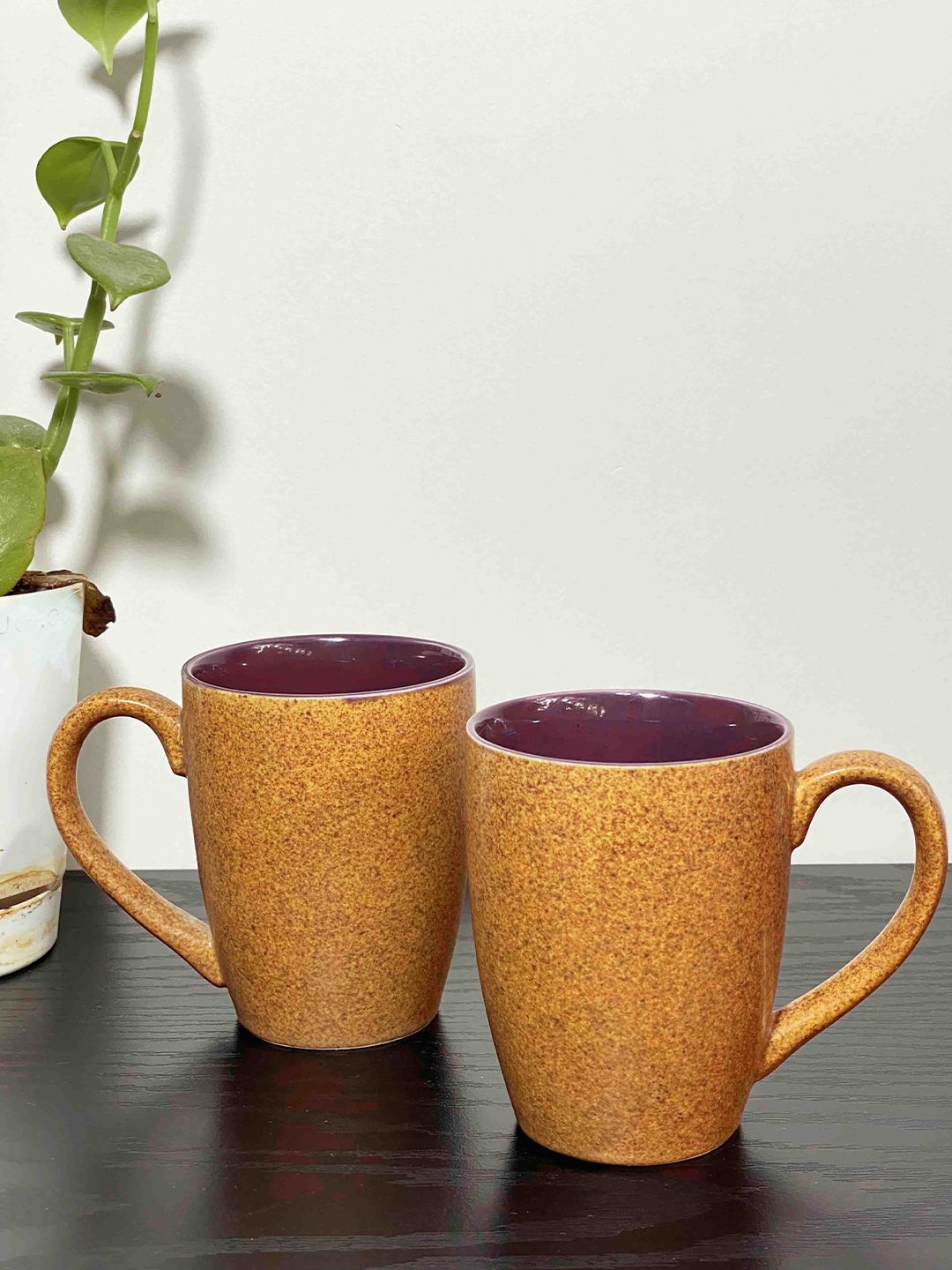 Folkstorys Brown Set of 2 Solid Ceramic Glossy Cups Price in India