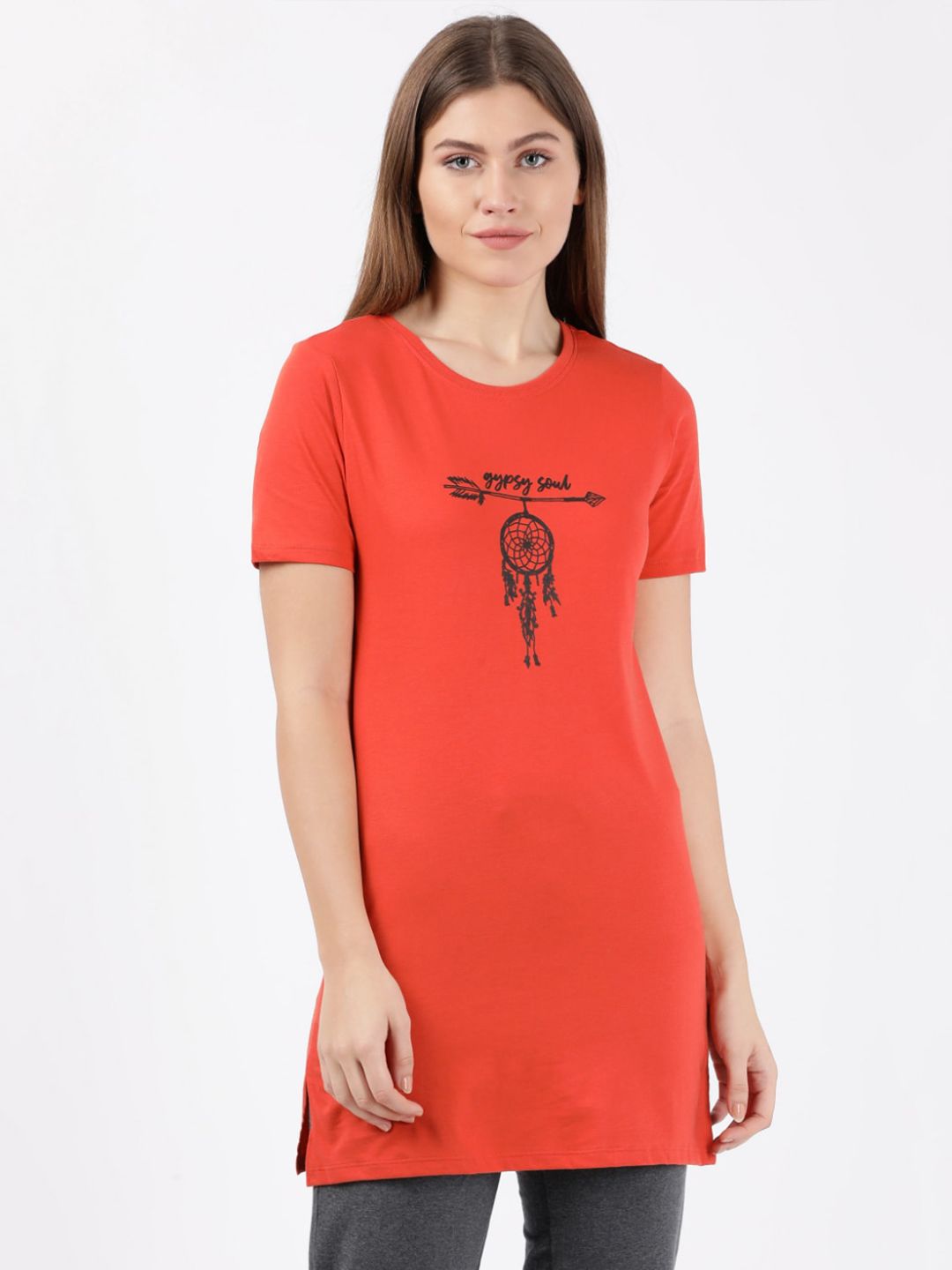 Jockey Women Rust Orange Graphic Printed Longline T-shirt Price in India