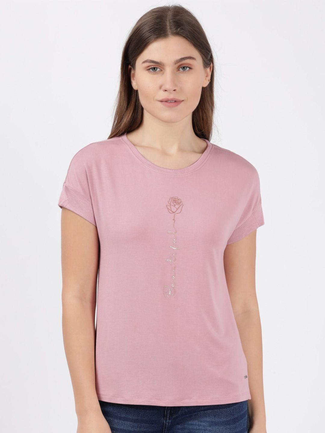Jockey Women Rose Pink Printed Extended Sleeves Cotton Lounge T-shirt Price in India