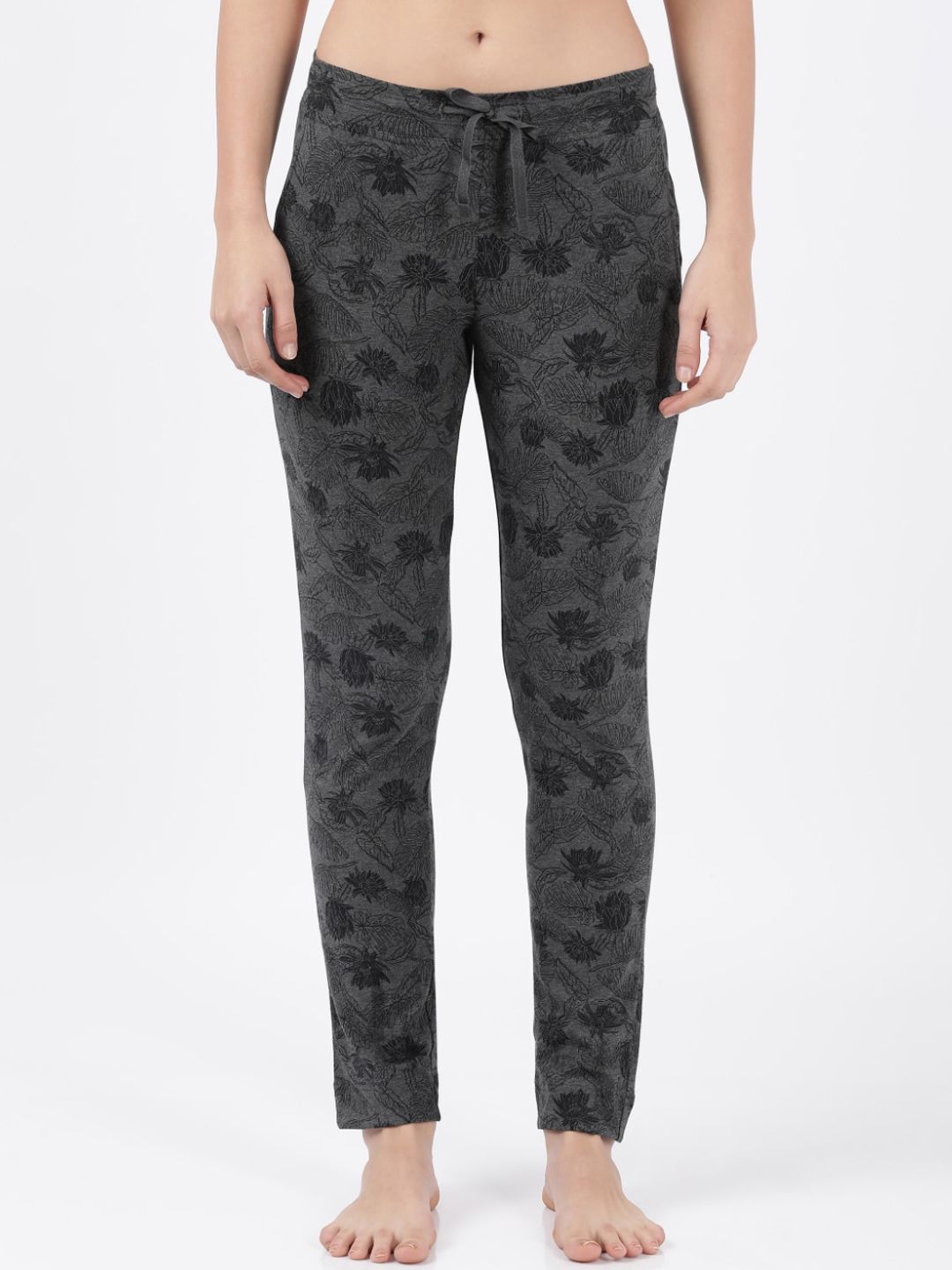 Jockey Grey Floral Printed Slim Fit Regular Length Cotton Lounge Pant Price in India