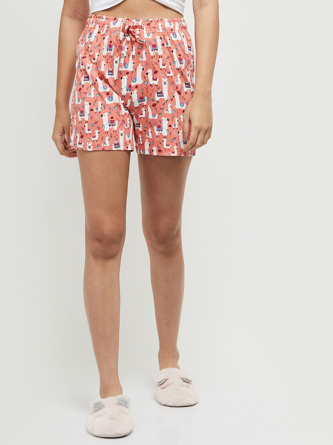 max Women Cotton Peach-Coloured & White Printed Lounge Shorts Price in India