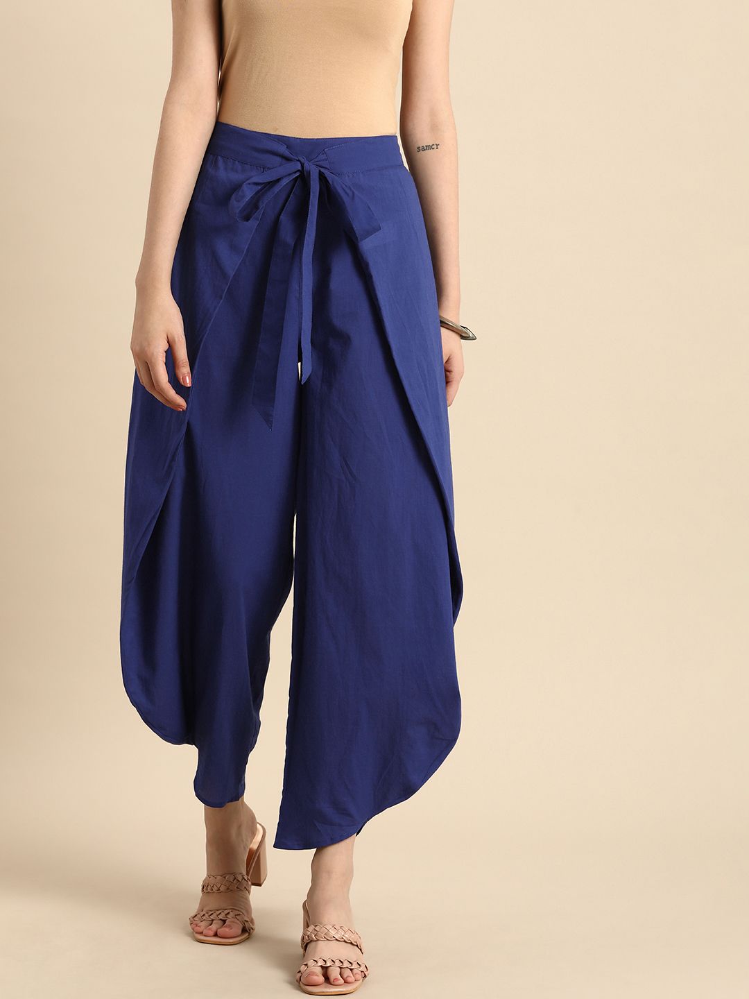 Anouk Women Navy Blue Flared Coated Pleated Trousers Price in India