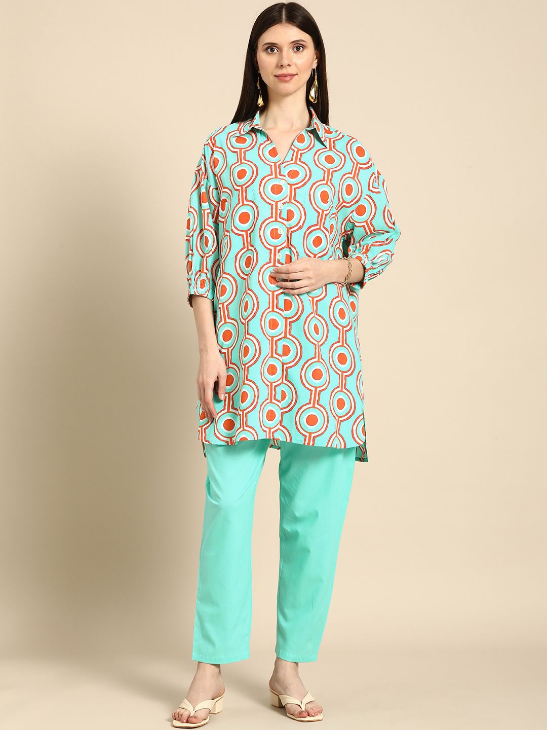 Anouk Women Turquoise Blue And Orange Geometric Printed Pure Cotton Kurti with Trousers
