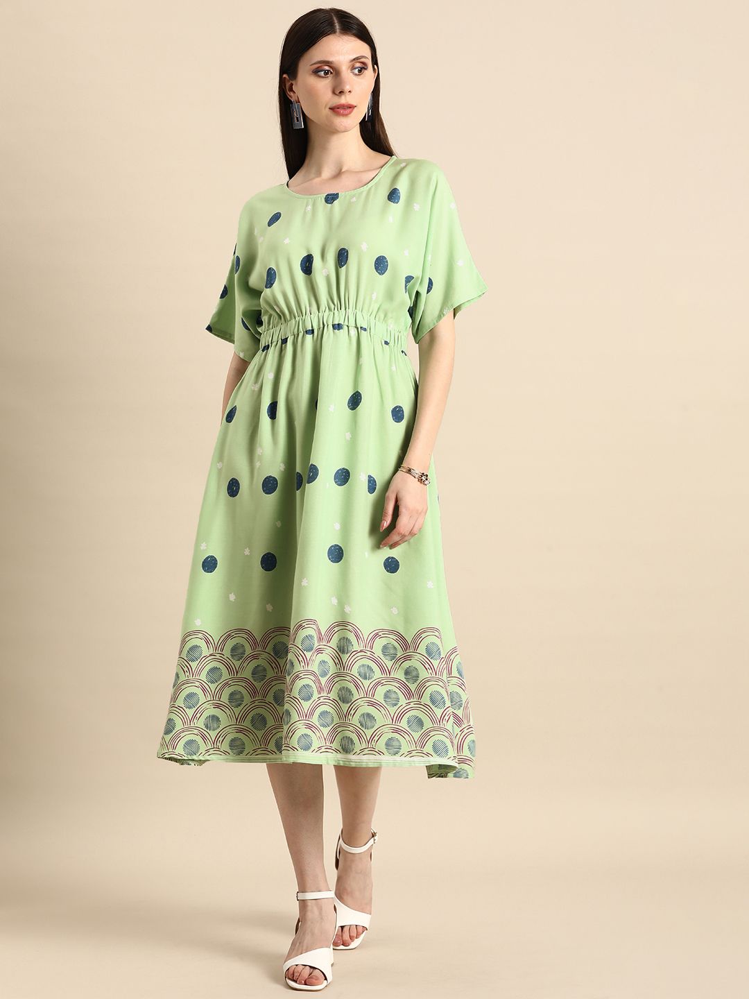 Anouk Women Green & Blue Printed Ethnic Midi A-Line Dress Price in India