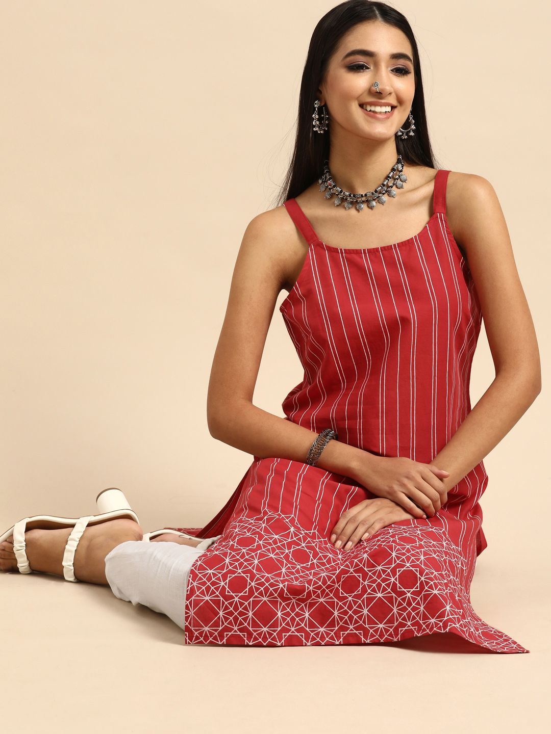 Anouk Women Red & White Striped Kurta Price in India