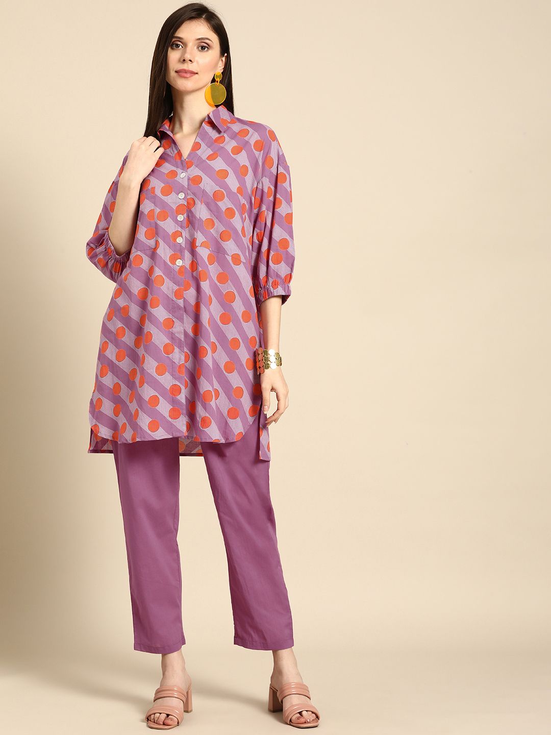 Anouk Women Purple And Orange Striped And Printed Empire Pure Cotton Kurti with Trousers Price in India