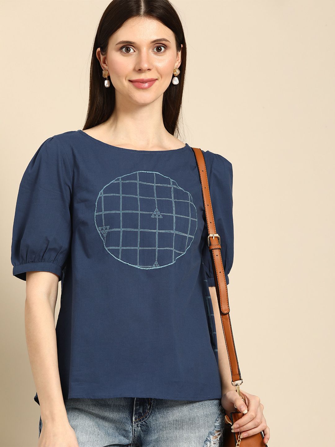 Anouk Navy Blue Checked Checked Pure Cotton A-line Top