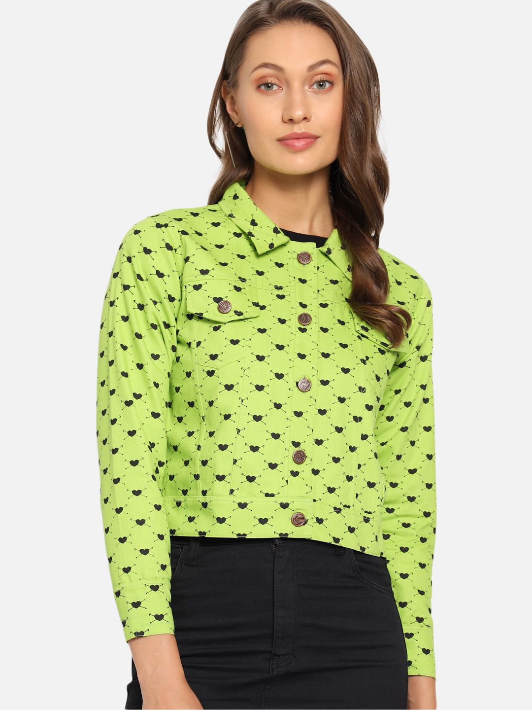 FurryFlair Women Lime Green Printed Crop Tailored Jacket Price in India
