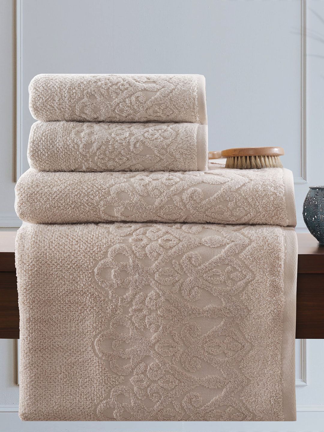 MASPAR Set Of 4 Beige Textured 550 GSM Pure Cotton Towels Set Price in India